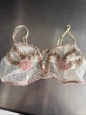 Free People White Lace Bralette with Pink & Gold Embroidery